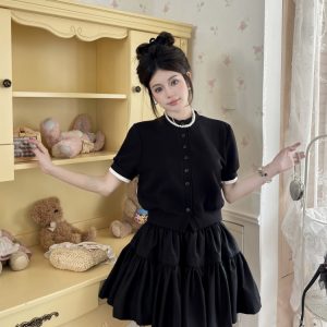 Luxury Thousand Gold Slimming Waist Contrast Color Fake Two-Piece Short Sleeve Cardigan Jacket with Puff Skirt for Women