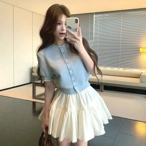 Luxury Thousand Gold Slimming Waist Contrast Color Fake Two-Piece Short Sleeve Cardigan Jacket with Puff Skirt for Women