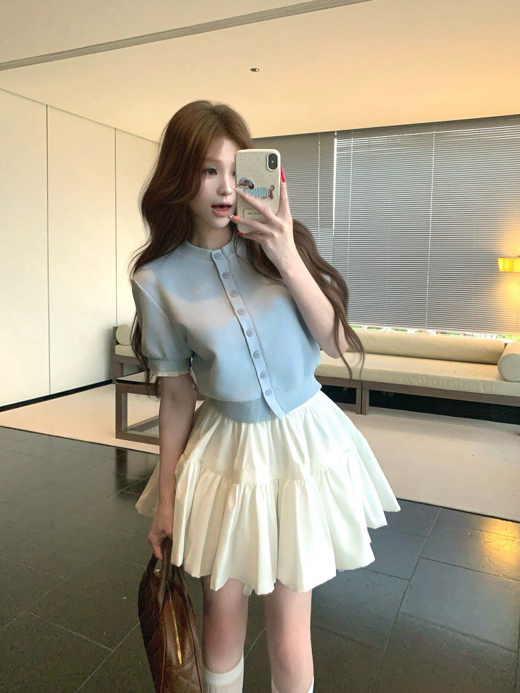 Luxury Thousand Gold Slimming Waist Contrast Color Fake Two-Piece Short Sleeve Cardigan Jacket with Puff Skirt for Women Luxury Thousand Gold Slimming Waist Contrast Color Fake Two-Piece Short Sleeve Cardigan Jacket with Puff Skirt for Women