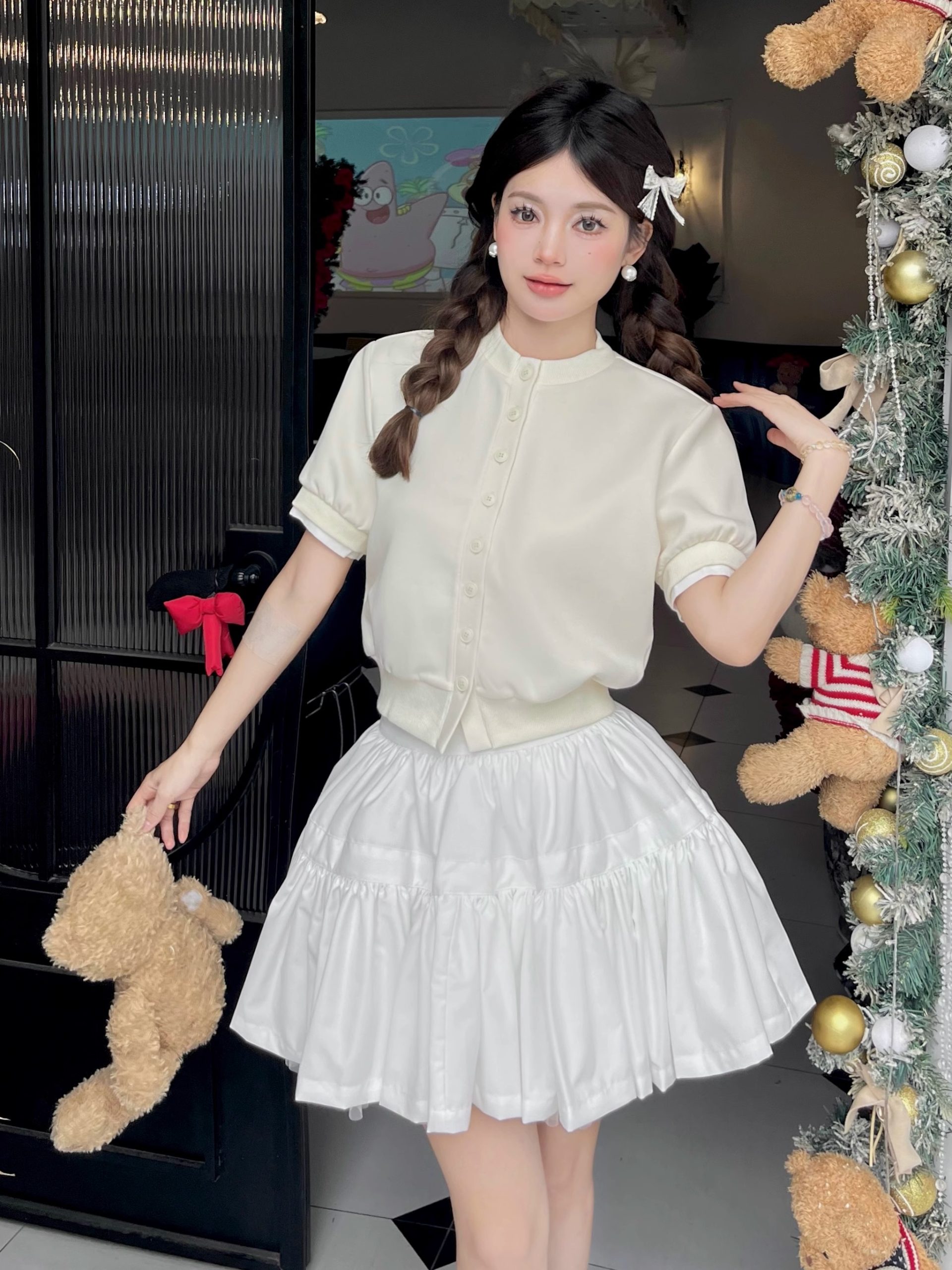 Luxury Thousand Gold Slimming Waist Contrast Color Fake Two-Piece Short Sleeve Cardigan Jacket with Puff Skirt for Women Luxury Thousand Gold Slimming Waist Contrast Color Fake Two-Piece Short Sleeve Cardigan Jacket with Puff Skirt for Women