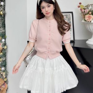 Luxury Thousand Gold Slimming Waist Contrast Color Fake Two-Piece Short Sleeve Cardigan Jacket with Puff Skirt for Women