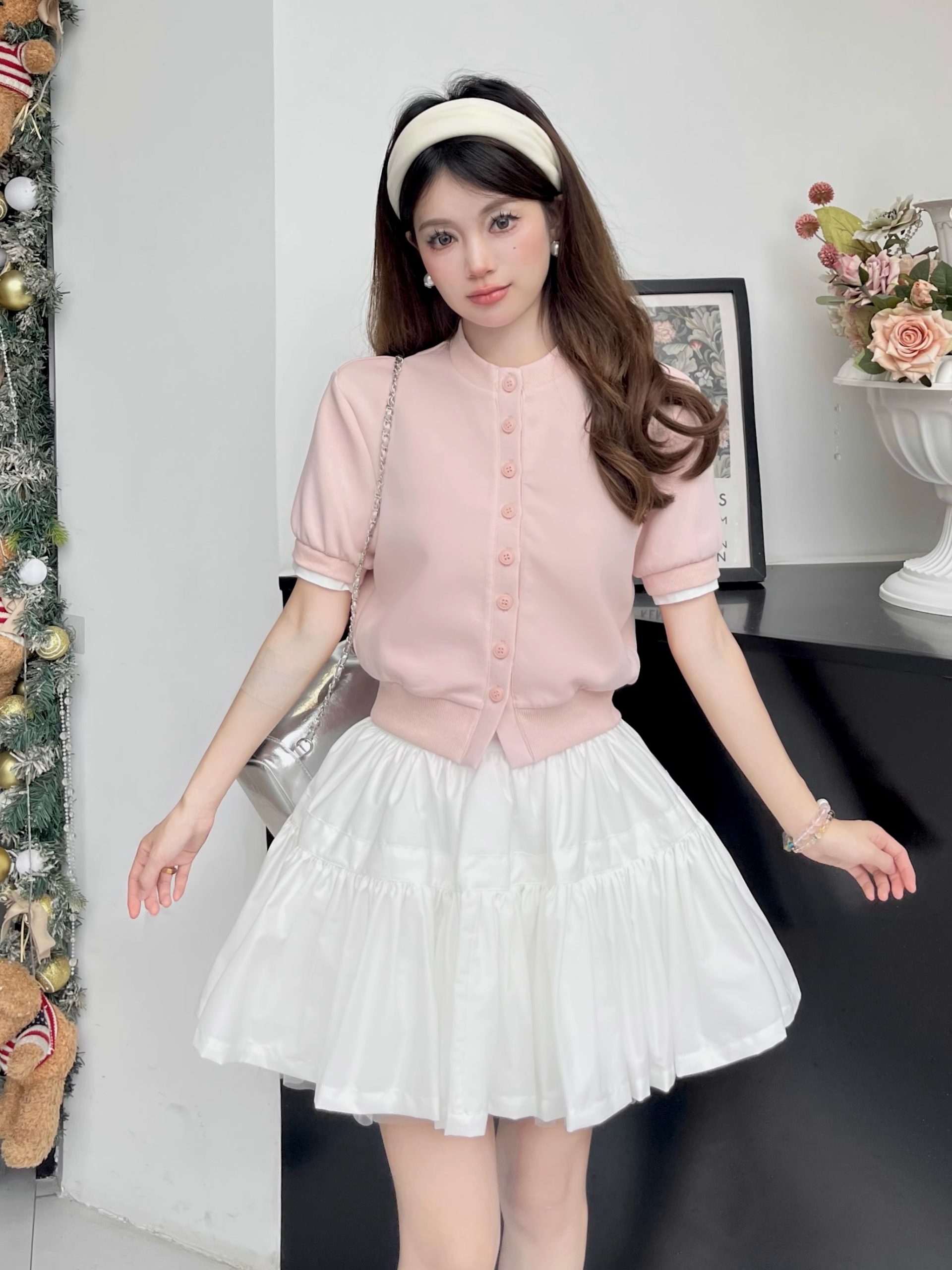 Luxury Thousand Gold Slimming Waist Contrast Color Fake Two-Piece Short Sleeve Cardigan Jacket with Puff Skirt for Women Luxury Thousand Gold Slimming Waist Contrast Color Fake Two-Piece Short Sleeve Cardigan Jacket with Puff Skirt for Women