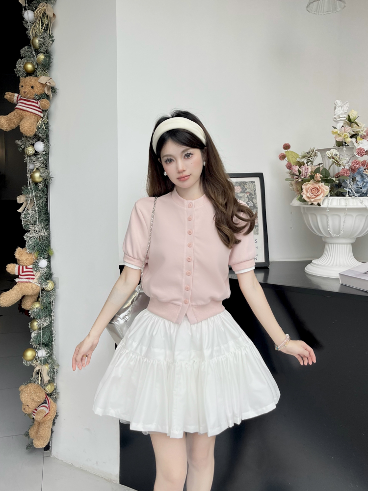 Luxury Thousand Gold Slimming Waist Contrast Color Fake Two-Piece Short Sleeve Cardigan Jacket with Puff Skirt for Women Luxury Thousand Gold Slimming Waist Contrast Color Fake Two-Piece Short Sleeve Cardigan Jacket with Puff Skirt for Women