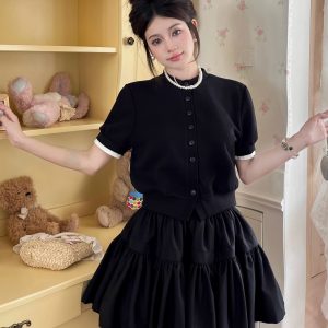 Luxury Thousand Gold Slimming Waist Contrast Color Fake Two-Piece Short Sleeve Cardigan Jacket with Puff Skirt for Women