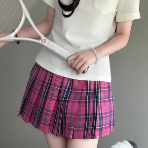 Magenta Women's College Style Plaid Skirt - Berry Pudding Bear JK Uniform Summer Short Skirt 2025, Cute Y2K Fashion