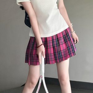 Magenta Women's College Style Plaid Skirt - Berry Pudding Bear JK Uniform Summer Short Skirt 2025, Cute Y2K Fashion