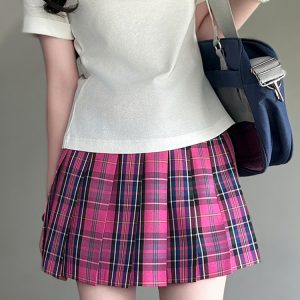 Magenta Women's College Style Plaid Skirt - Berry Pudding Bear JK Uniform Summer Short Skirt 2025, Cute Y2K Fashion