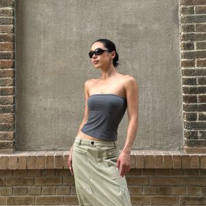 Matte Charcoal Gray Strapless Dress with Soft Stretch Fabric, Tight Fit, and Bust Support - Perfect for Y2K Style