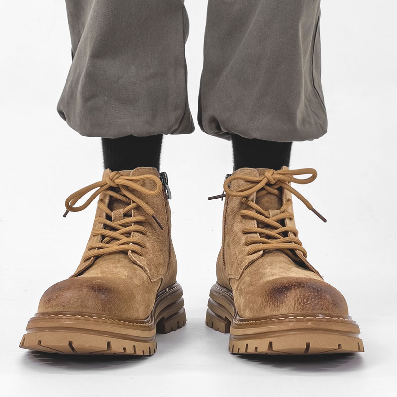 Men's American-Style Genuine Leather Martin Boots, Mid-Top Zipper Suede Hiking Boots, Versatile British-Style Thick-Soled Short Boots