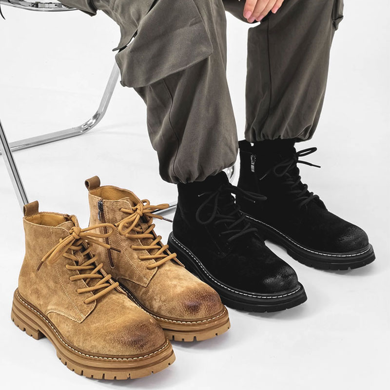 Men's American-Style Genuine Leather Martin Boots, Mid-Top Zipper Suede Hiking Boots, Versatile British-Style Thick-Soled Short Boots