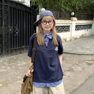 Men's and Women's Retro Plaid Splicing Polo Shirt - Summer College Style Loose Casual Short-Sleeve T-Shirt