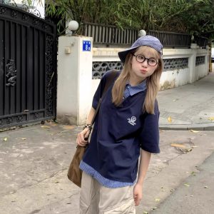 Men's and Women's Retro Plaid Splicing Polo Shirt - Summer College Style Loose Casual Short-Sleeve T-Shirt