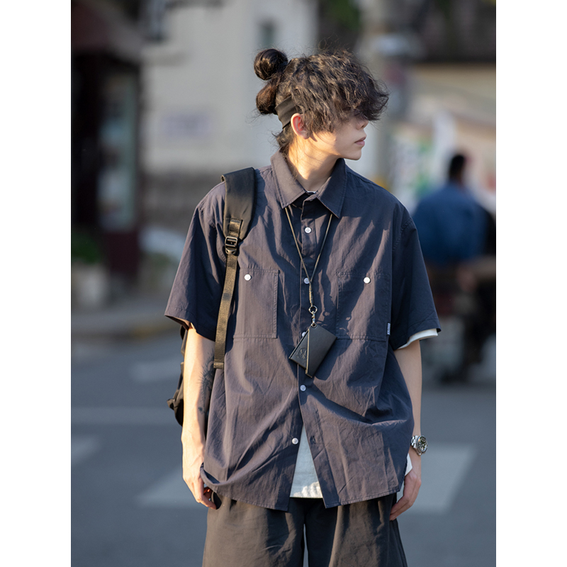 Men's and Women's Summer Japanese-Style Short Sleeve Shirt - Solid Color, Trendy Retro Button-Up for Street Style Fashion