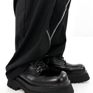 Men's Black Derby Shoes, Round Toe, Thick Sole, Genuine Leather, British Style, Commuter Footwear for Couples