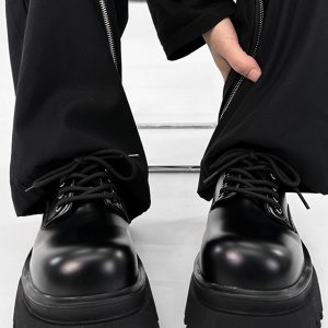 Men's Black Derby Shoes, Round Toe, Thick Sole, Genuine Leather, British Style, Commuter Footwear for Couples