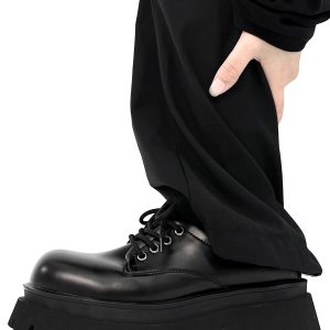 Men's Black Derby Shoes, Round Toe, Thick Sole, Genuine Leather, British Style, Commuter Footwear for Couples