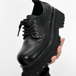 Men's Black Derby Shoes, Round Toe, Thick Sole, Genuine Leather, British Style, Commuter Footwear for Couples