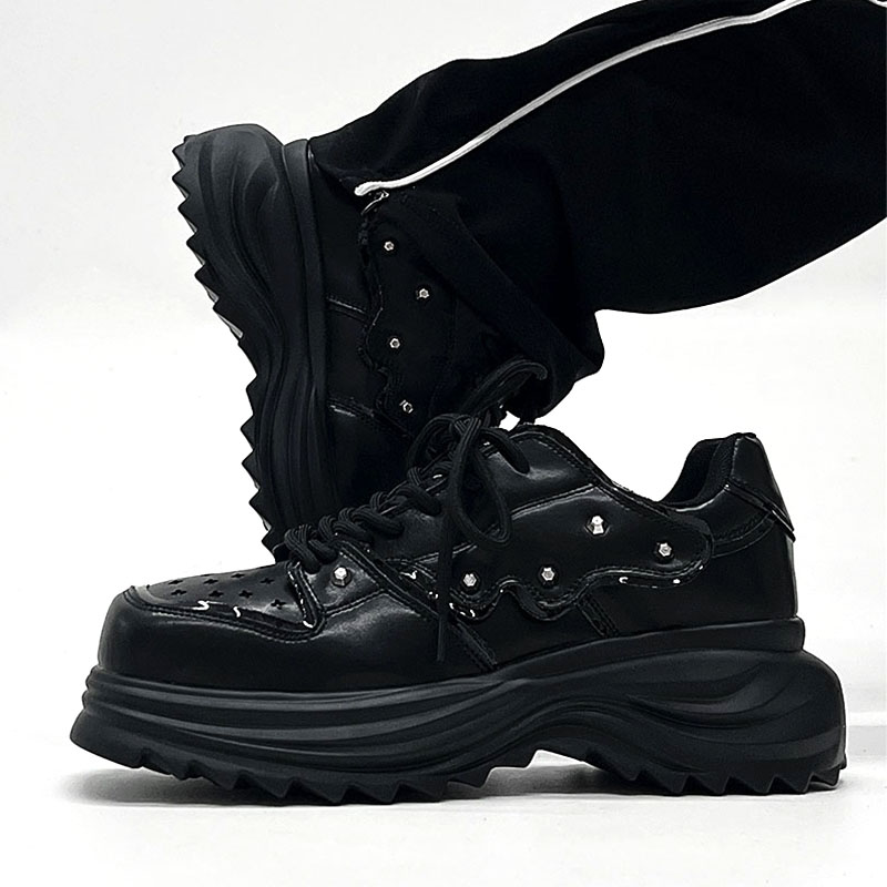 Men's Black Leather Derby Shoes, Trendy Punk Square-Toed Design, Thick-Soled Platform Dad Shoes, High-End Fashion Footwear