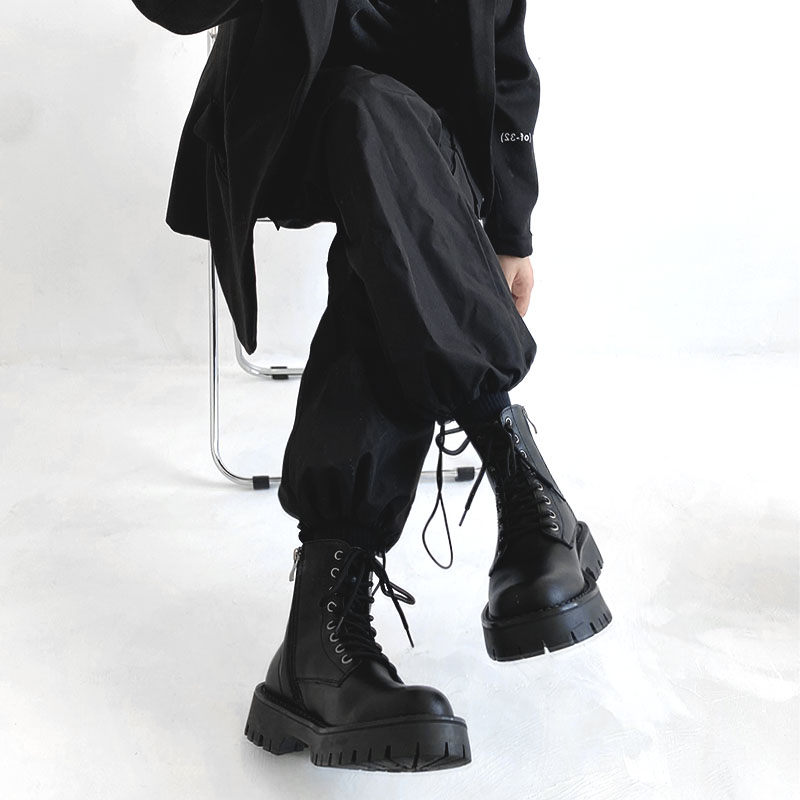 Men's Black Martin Boots - Cool Side Zipper Genuine Leather High-Top Motorcycle Work Boots, Thick-Soled European American Style