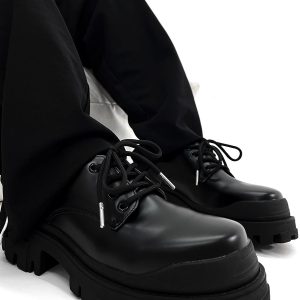 Men's Black Thick-Soled Derby Shoes, Cleanfit Leather, British Style Formal Footwear for Commuting, Classic Big-Toe Design