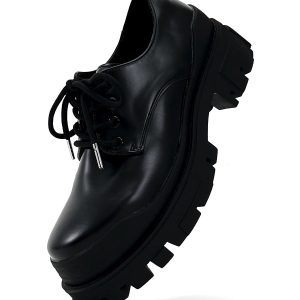 Men's Black Thick-Soled Derby Shoes, Cleanfit Leather, British Style Formal Footwear for Commuting, Classic Big-Toe Design