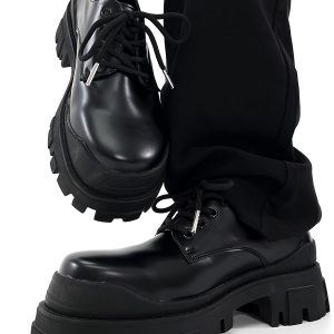 Men's Black Thick-Soled Derby Shoes, Cleanfit Leather, British Style Formal Footwear for Commuting, Classic Big-Toe Design