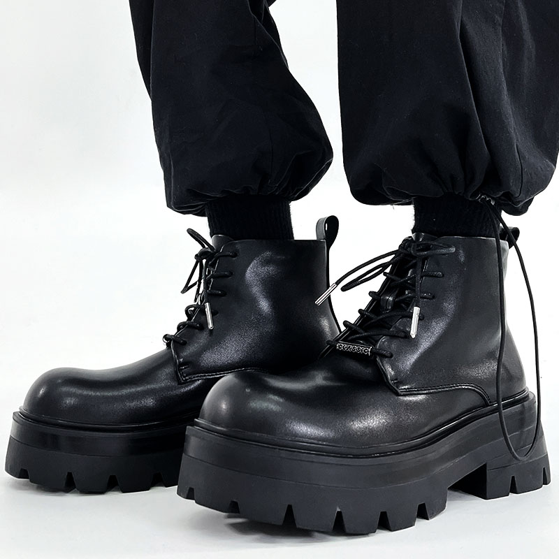 Men's Black Thick-Soled Martin Boots - Trendy Height-Increasing Motorcycle Style, Japanese Retro Big-Toe Short Work Boots