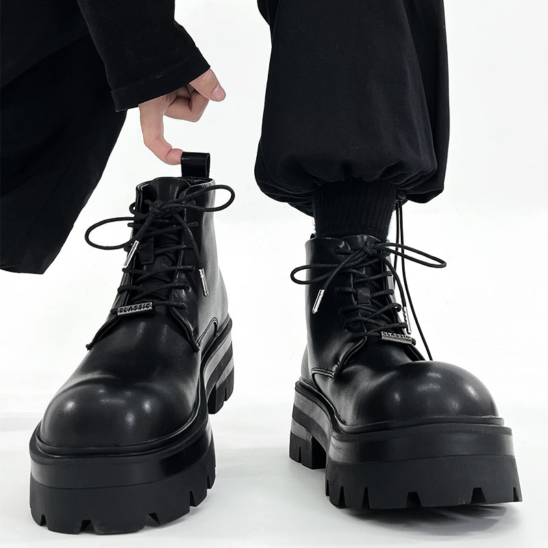 Men's Black Thick-Soled Martin Boots - Trendy Height-Increasing Motorcycle Style, Japanese Retro Big-Toe Short Work Boots Men's Black Thick-Soled Martin Boots - Trendy Height-Increasing Motorcycle Style, Japanese Retro Big-Toe Short Work Boots