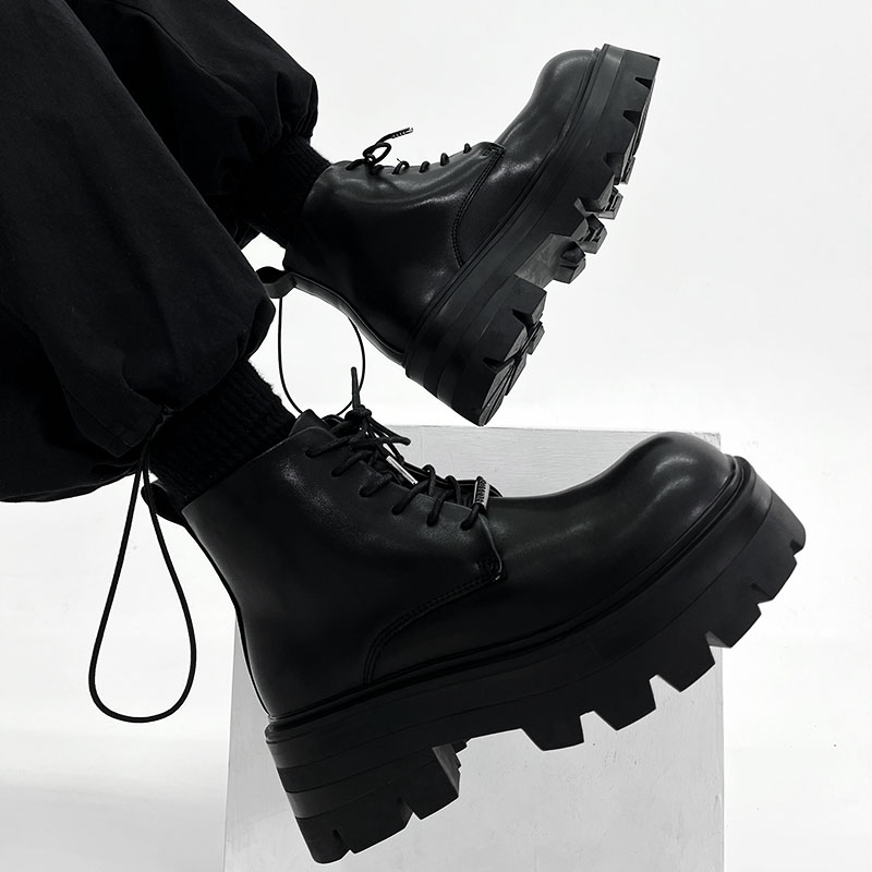 Men's Black Thick-Soled Martin Boots - Trendy Height-Increasing Motorcycle Style, Japanese Retro Big-Toe Short Work Boots Men's Black Thick-Soled Martin Boots - Trendy Height-Increasing Motorcycle Style, Japanese Retro Big-Toe Short Work Boots