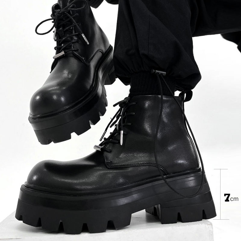 Men's Black Thick-Soled Martin Boots - Trendy Height-Increasing Motorcycle Style, Japanese Retro Big-Toe Short Work Boots