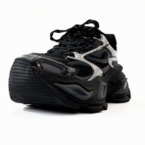 Men's Black Thick-Soled Warrior Dad Shoes - Height-Increasing Heterochromatic Cat-Eye Design, High Street Fashion, Trendy Couple Style