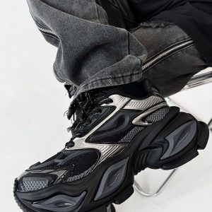 Men's Black Thick-Soled Warrior Dad Shoes - Height-Increasing Heterochromatic Cat-Eye Design, High Street Fashion, Trendy Couple Style