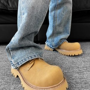 Men's British Retro Round-Toe Derby Shoes - Cleanfit Brown Leather, Thick Sole, Height-Increasing Mickey Design, Trendy Work Style