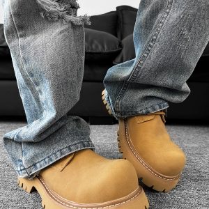 Men's British Retro Round-Toe Derby Shoes - Cleanfit Brown Leather, Thick Sole, Height-Increasing Mickey Design, Trendy Work Style