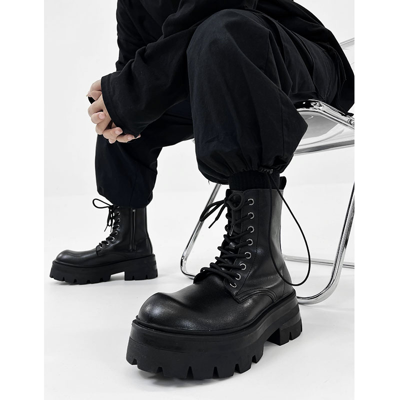 Men's British Style Zipper Chelsea Martin Boots - Height-Increasing Genuine Leather High-Top Thick-Soled Fleece Snow Boots for Autumn & Winter