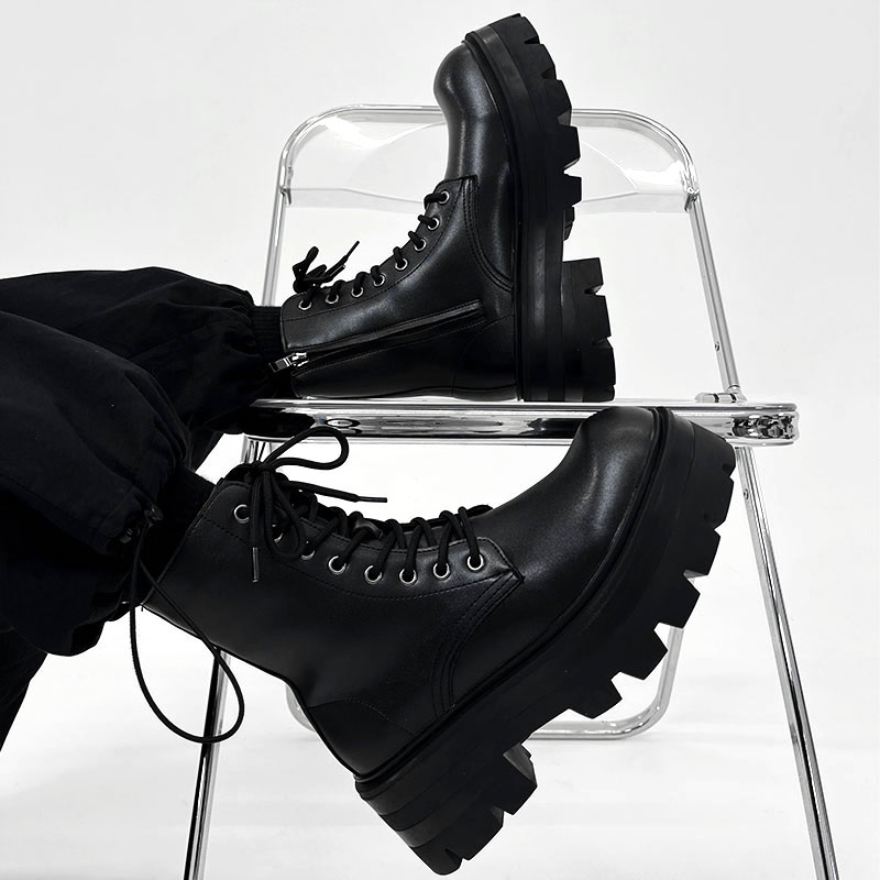 Men's British Style Zipper Chelsea Martin Boots - Height-Increasing Genuine Leather High-Top Thick-Soled Fleece Snow Boots for Autumn & Winter