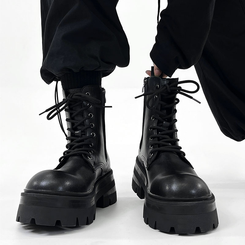 Men's British Style Zipper Chelsea Martin Boots - Height-Increasing Genuine Leather High-Top Thick-Soled Fleece Snow Boots for Autumn & Winter Men's British Style Zipper Chelsea Martin Boots - Height-Increasing Genuine Leather High-Top Thick-Soled Fleece Snow Boots for Autumn & Winter