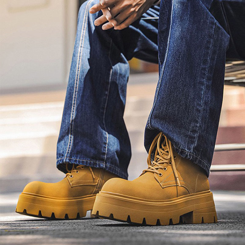 Men's British Style Zipper Chelsea Martin Boots - Height-Increasing Genuine Leather High-Top Thick-Soled Fleece Snow Boots for Autumn & Winter Men's British Style Zipper Chelsea Martin Boots - Height-Increasing Genuine Leather High-Top Thick-Soled Fleece Snow Boots for Autumn & Winter