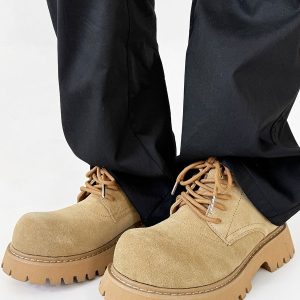Men's Brown Martin Boots - Retro Mid-Top Work Shoes, Mickey Derby Style, Height-Increasing Suede, Trendy Yellow Accents