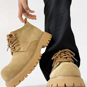 Men's Brown Martin Boots - Retro Mid-Top Work Shoes, Mickey Derby Style, Height-Increasing Suede, Trendy Yellow Accents