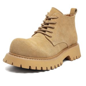 Men's Brown Martin Boots - Retro Mid-Top Work Shoes, Mickey Derby Style, Height-Increasing Suede, Trendy Yellow Accents