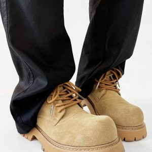 Men's Brown Martin Boots - Retro Mid-Top Work Shoes, Mickey Derby Style, Height-Increasing Suede, Trendy Yellow Accents