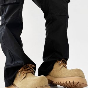 Men's Brown Martin Boots - Retro Mid-Top Work Shoes, Mickey Derby Style, Height-Increasing Suede, Trendy Yellow Accents