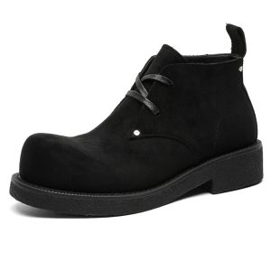 Men's Brown Suede Martin Boots - Round Toe British Style Work Boots for Winter, Big Head Design, Comfortable Derby Shoes