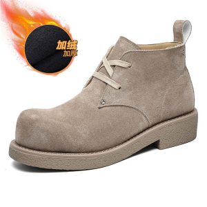 Men's Brown Suede Martin Boots - Round Toe British Style Work Boots for Winter, Big Head Design, Comfortable Derby Shoes