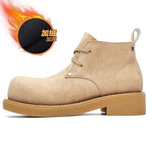 Men's Brown Suede Martin Boots - Round Toe British Style Work Boots for Winter, Big Head Design, Comfortable Derby Shoes