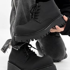 Men's Charcoal Black High-Top Derby Boots - Retro Big Head Martin Style, Matte Leather Mid-Top Shoes