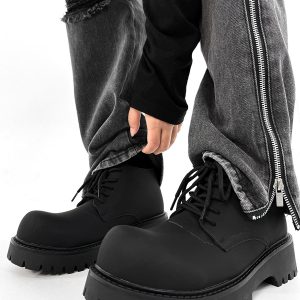 Men's Charcoal Black High-Top Derby Boots - Retro Big Head Martin Style, Matte Leather Mid-Top Shoes