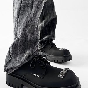 Men's Charcoal Black Square-Toed Derby Shoes, High-End British Design, Thick-Soled Height-Increasing, High Street Style Footwear