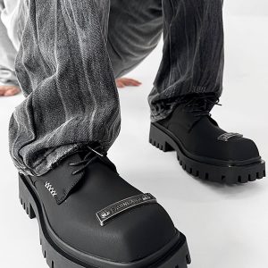 Men's Charcoal Black Square-Toed Derby Shoes, High-End British Design, Thick-Soled Height-Increasing, High Street Style Footwear